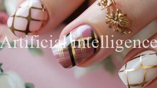 ピンクゴールドのチェック柄ネイル #749