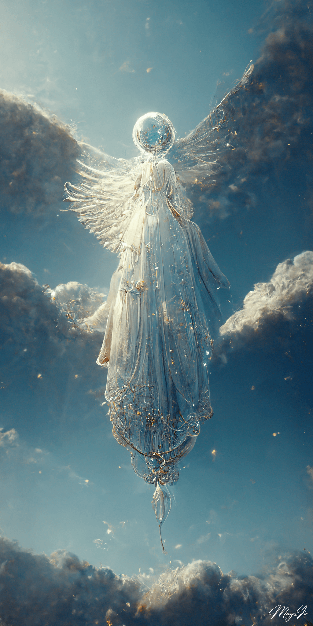 空高く羽ばたくシャボン玉の天使の壁紙イラスト 天使とシャボン玉の待受 AIイラスト待受 縦長画像 angel illustration balloon cloud