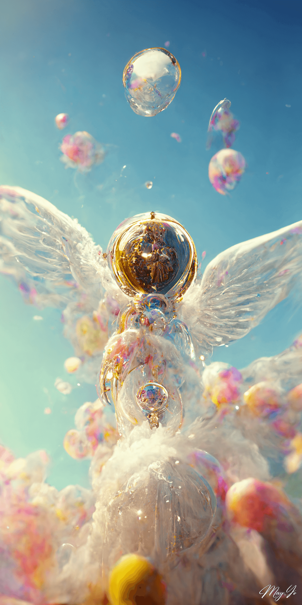 天使が作る虹色のシャボン玉のイラスト壁紙 天空のシャボン玉の待受 AIイラスト待受 縦長画像 angel bubble illustration rainbow