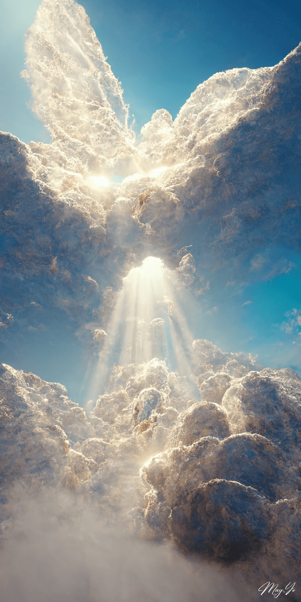 天使のはしごをイメージした壁紙イラスト 天使が昼寝をしている雲の上の待受 AIイラスト待受 縦長画像 angel ladder illustration fiction art