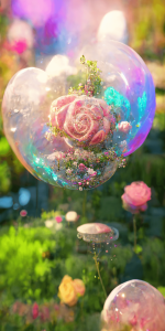 不思議なバラ園に咲くシャボン玉の薔薇の壁紙イラスト 幻想的なバラの待受 AIイラスト待受 縦長画像 magical rose garden illustration bubble balloon fiction art