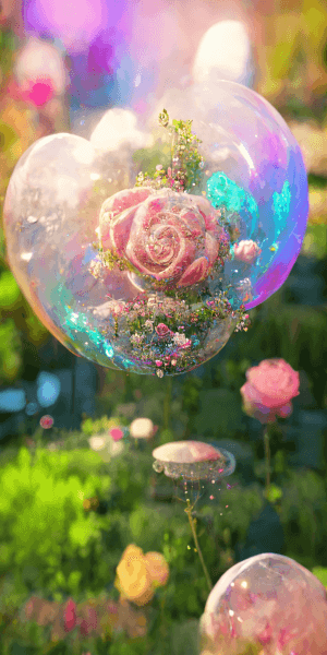 不思議なバラ園に咲くシャボン玉の薔薇の壁紙イラスト 幻想的なバラの待受 AIイラスト待受 縦長画像 magical rose garden illustration bubble balloon fiction art