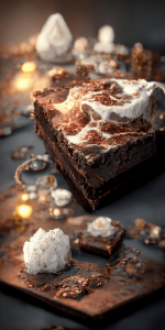 濃厚な甘さのチョコレートブラウニーの壁紙イラスト ホイップクリームを添えたブラウニーのイラスト待受 AIイラスト待受 縦長画像 chocolate brownie illustration whipped cream fiction art