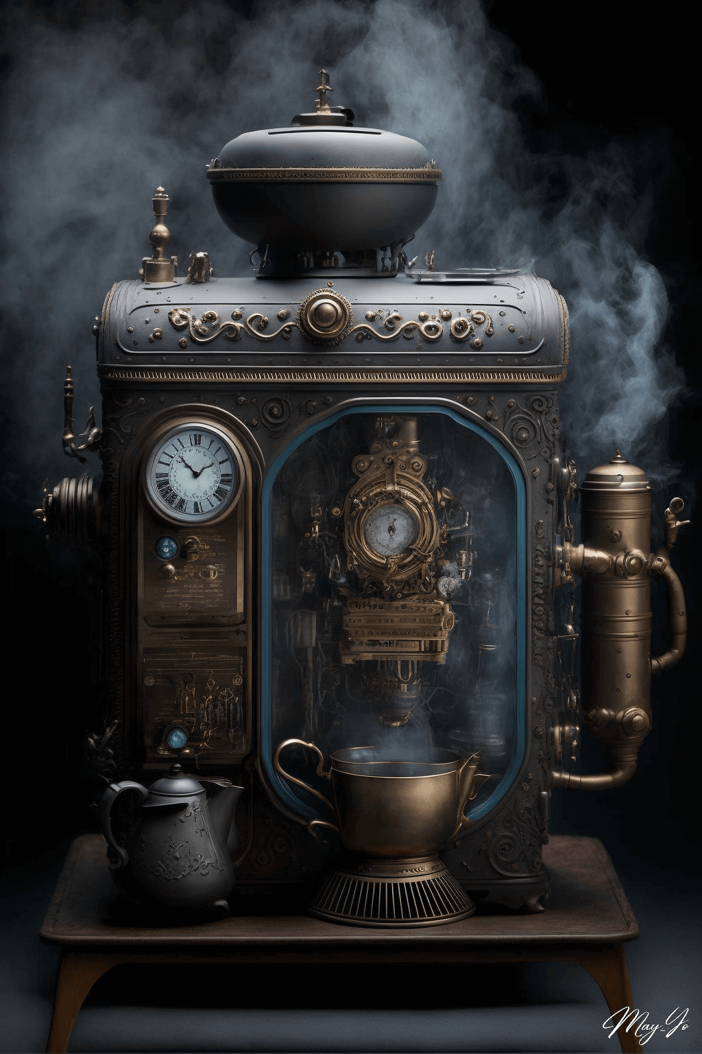 スチームパンク風コーヒーマシンの壁紙イラスト 蒸気機関車みたいな架空の機械仕掛けのコーヒーメーカーのイラスト待受 AIイラスト待受 縦長画像 steampunk coffee machine illustration coffee maker fiction art