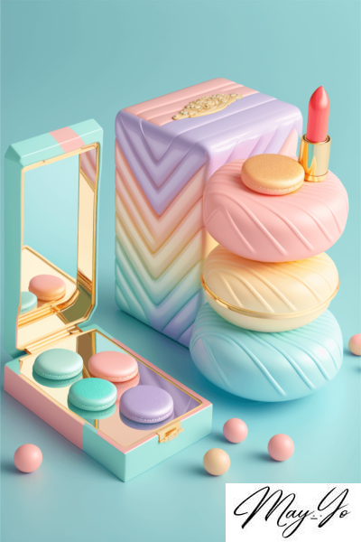 マカロンみたいなコスメブランドの壁紙イラスト パステルカラーの春コスメ・コンパクトのイラスト待受 AIイラスト待受 縦長画像 cosmetics brand fiction art macaron design spring collection