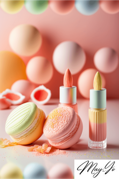 マカロンみたいなコスメブランドの壁紙イラスト パステルカラーの春コスメ・コンパクトのイラスト待受 AIイラスト待受 縦長画像 cosmetics brand fiction art macaron design spring collection