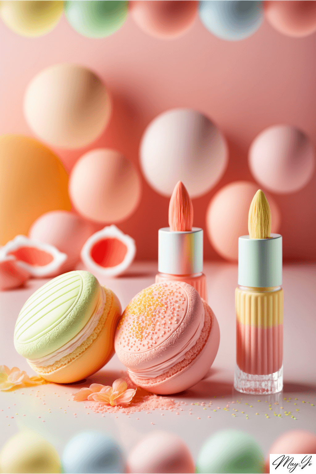 マカロンみたいなコスメブランドの壁紙イラスト パステルカラーの春コスメ・コンパクトのイラスト待受 AIイラスト待受 縦長画像 cosmetics brand fiction art macaron design spring collection