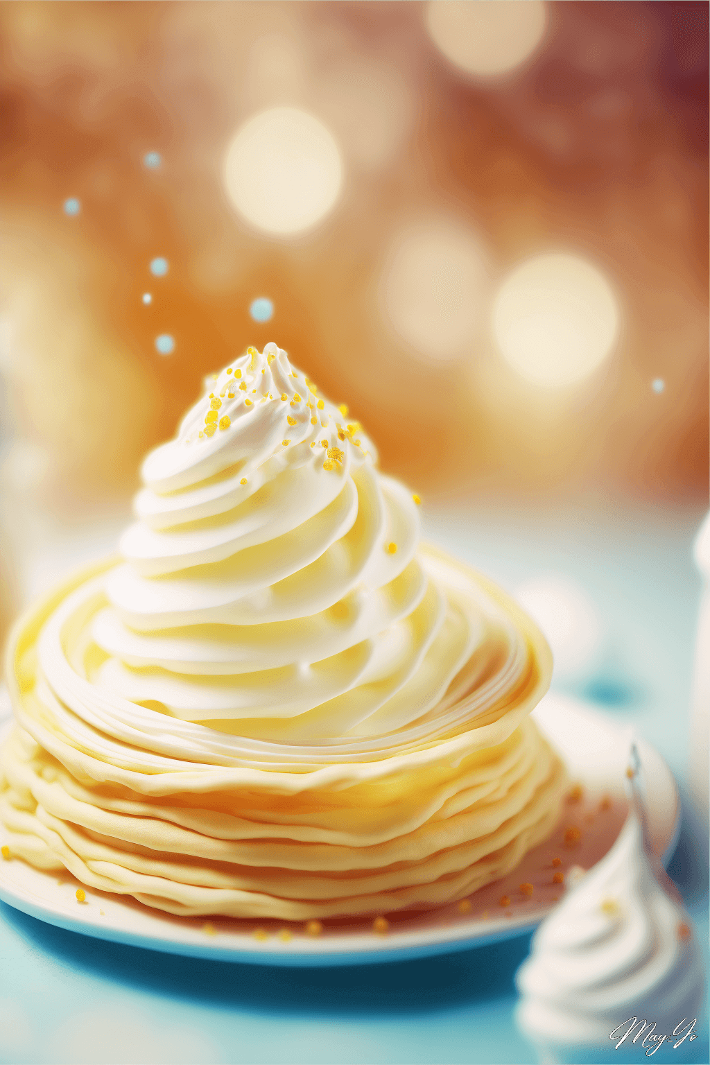 ホイップクリームが載ったパンケーキの壁紙イラスト 生クリーム添えホットケーキのイラスト待受 AIイラスト待受 縦長画像 pancake with whipped cream fiction art hotcake