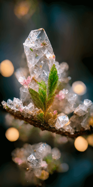 宝石のような春の雪解け・氷の結晶から芽吹いた新芽の壁紙イラスト 春の訪れの宝石のイラスト待受 AIイラスト待受 縦長画像 spring frost thaw crystal illustration fiction ai art