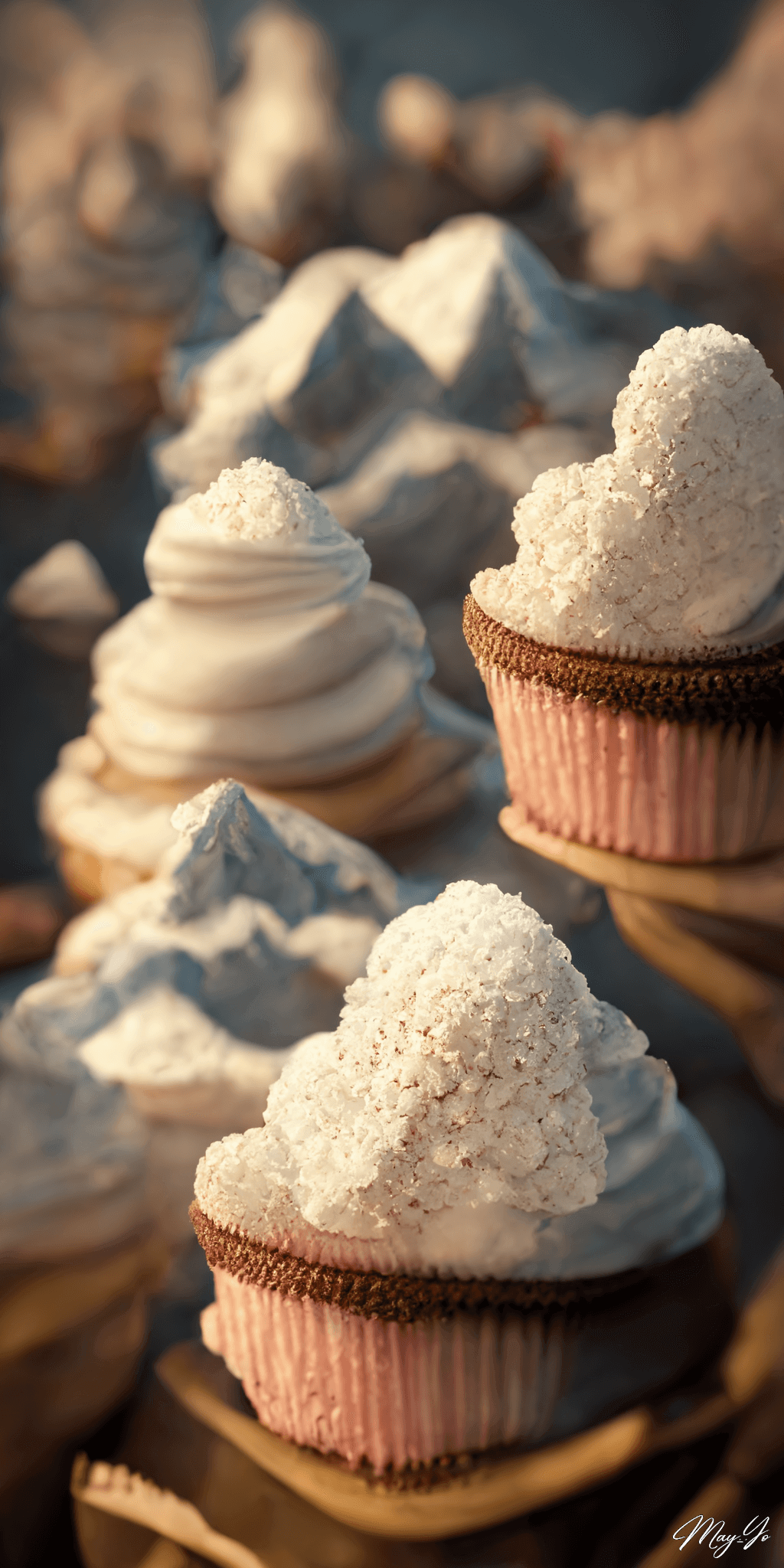 クリームがたっぷりのカップケーキでできた山のイラスト 山のようなカップケーキの待受 AIイラスト待受 縦長画像 cupcake with cream illustration tasty mountain