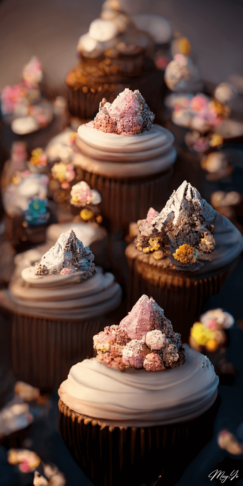 クリームがたっぷりのカップケーキでできた山のイラスト 山のようなカップケーキの待受 AIイラスト待受 縦長画像 cupcake with cream illustration tasty mountain