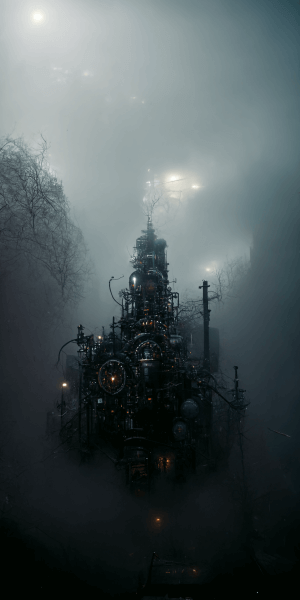 ディストピアな霧の森に現れる異世界のお城の壁紙イラスト ダークな要塞･工場の待受 AIイラスト待受 縦長画像 cyberpunk castle illustration dark forest fog