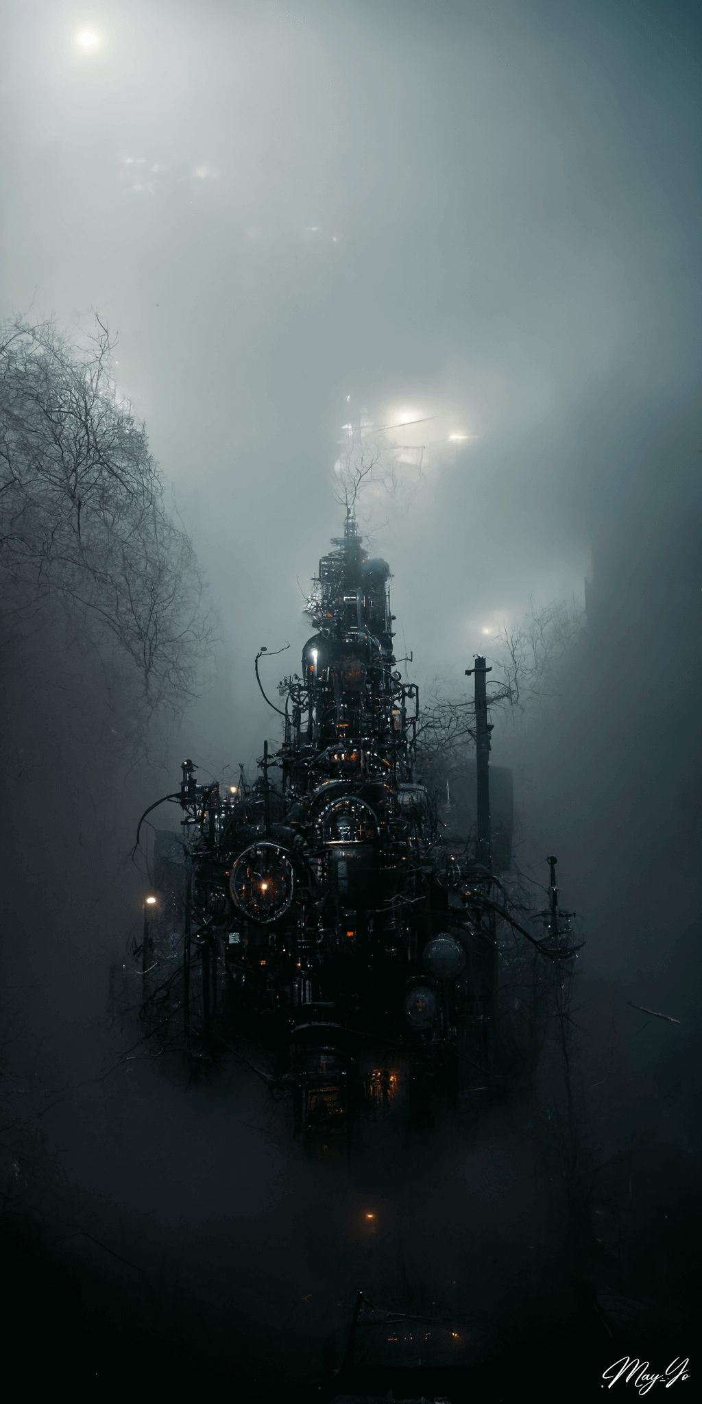 ディストピアな霧の森に現れる異世界のお城の壁紙イラスト ダークな要塞･工場の待受 AIイラスト待受 縦長画像 cyberpunk castle illustration dark forest fog