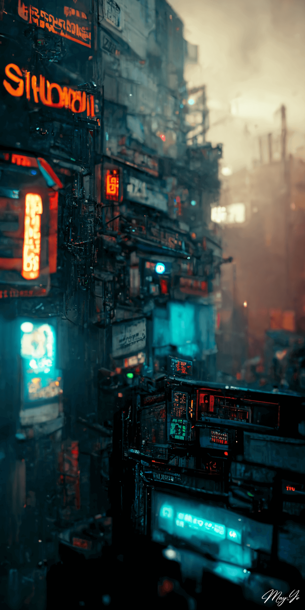 サイバーパンクなネオンが光る夜の街並みのイラスト サイバーパンクなアジアの夜景の壁紙 AIイラスト待受 縦長画像 cyberpunk town illustration bright neon