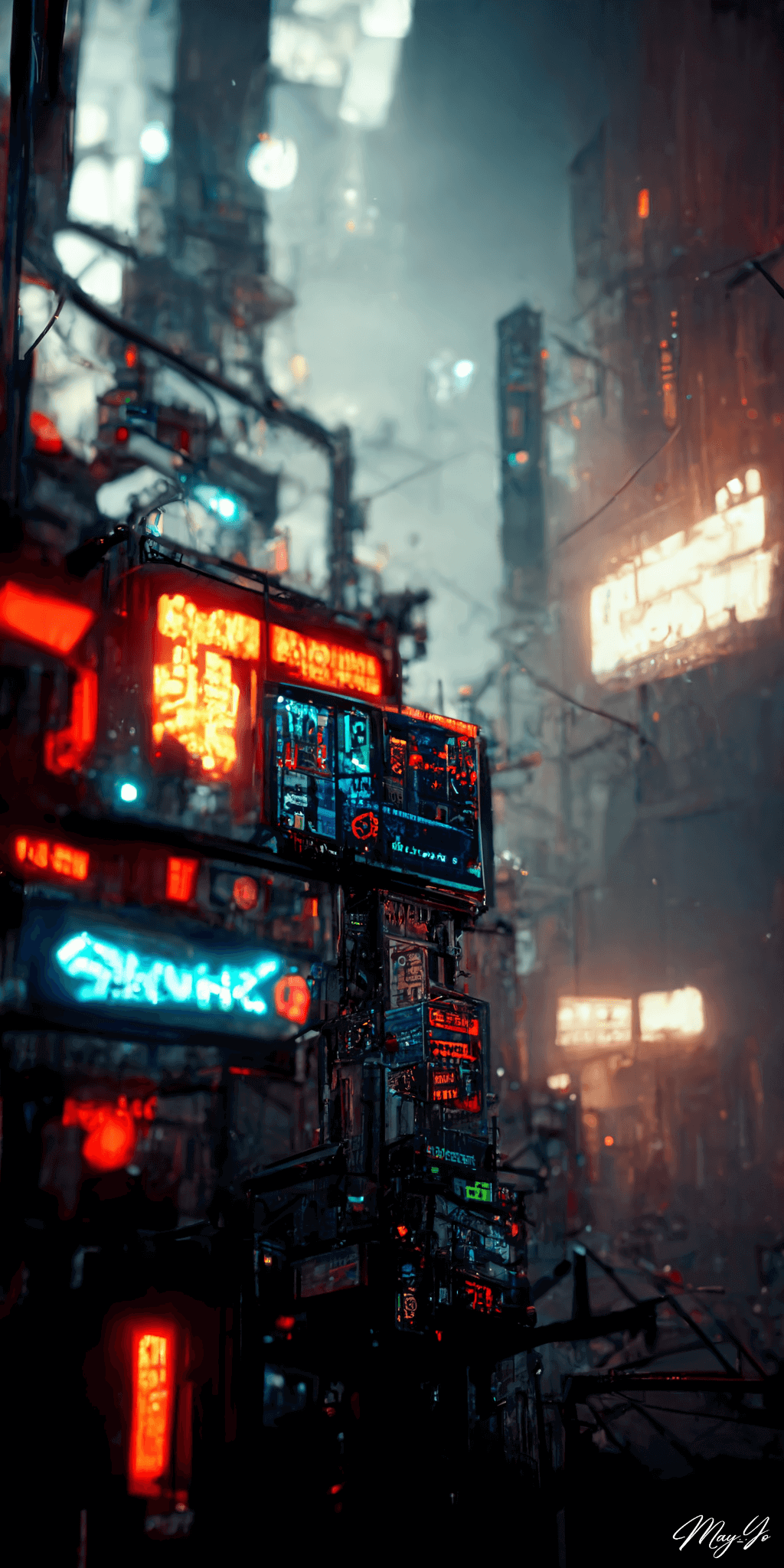 サイバーパンクなネオンが光る夜の街並みのイラスト サイバーパンクなアジアの夜景の壁紙 AIイラスト待受 縦長画像 cyberpunk town illustration bright neon