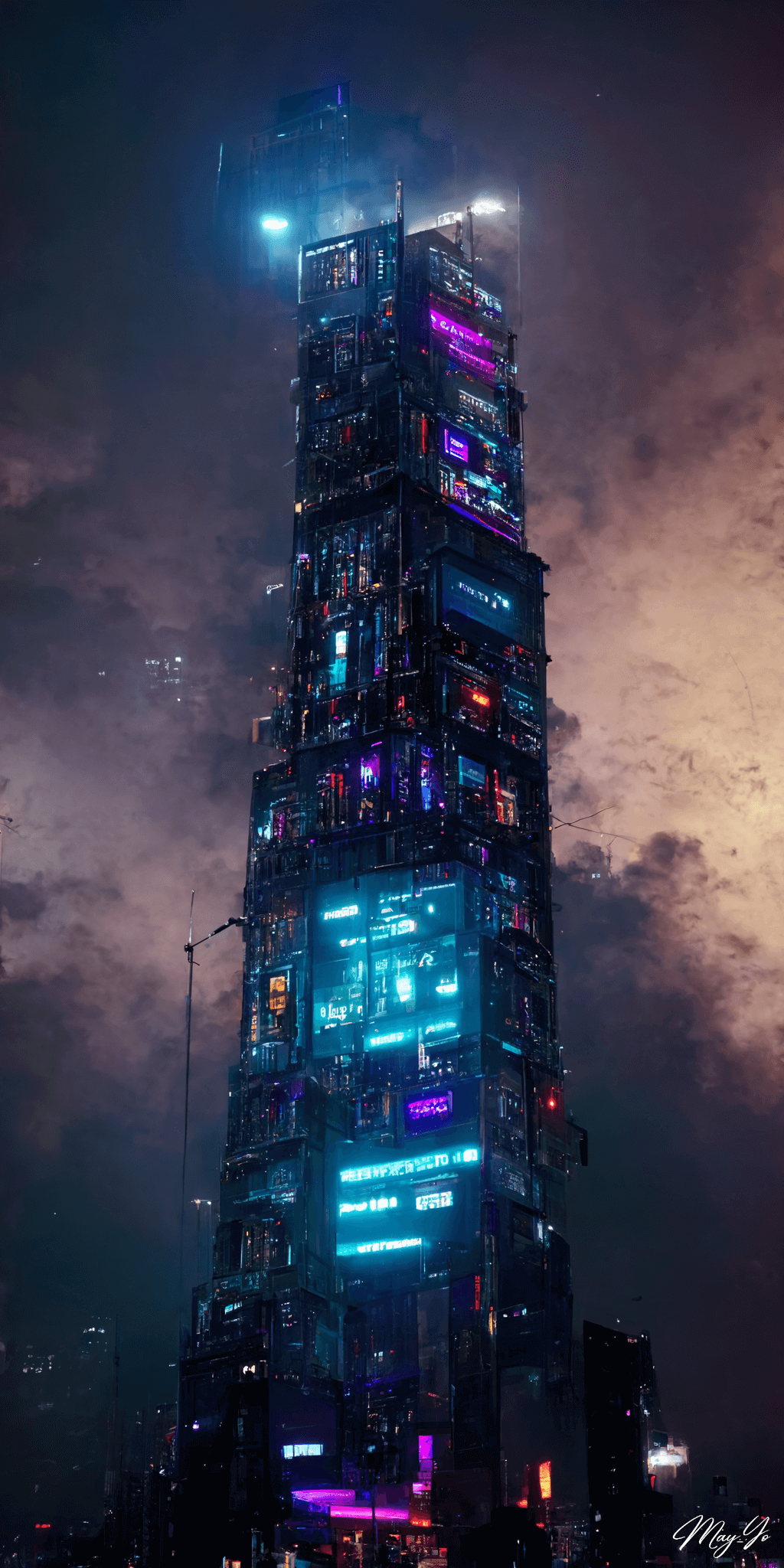 サイバーパンクな夜景に妖しく輝く近未来な高層ビルの壁紙イラスト サイバーパンクシティのビルをイメージした待受 AIイラスト待受 縦長画像 cyberpunk skyscraper illustration neon building