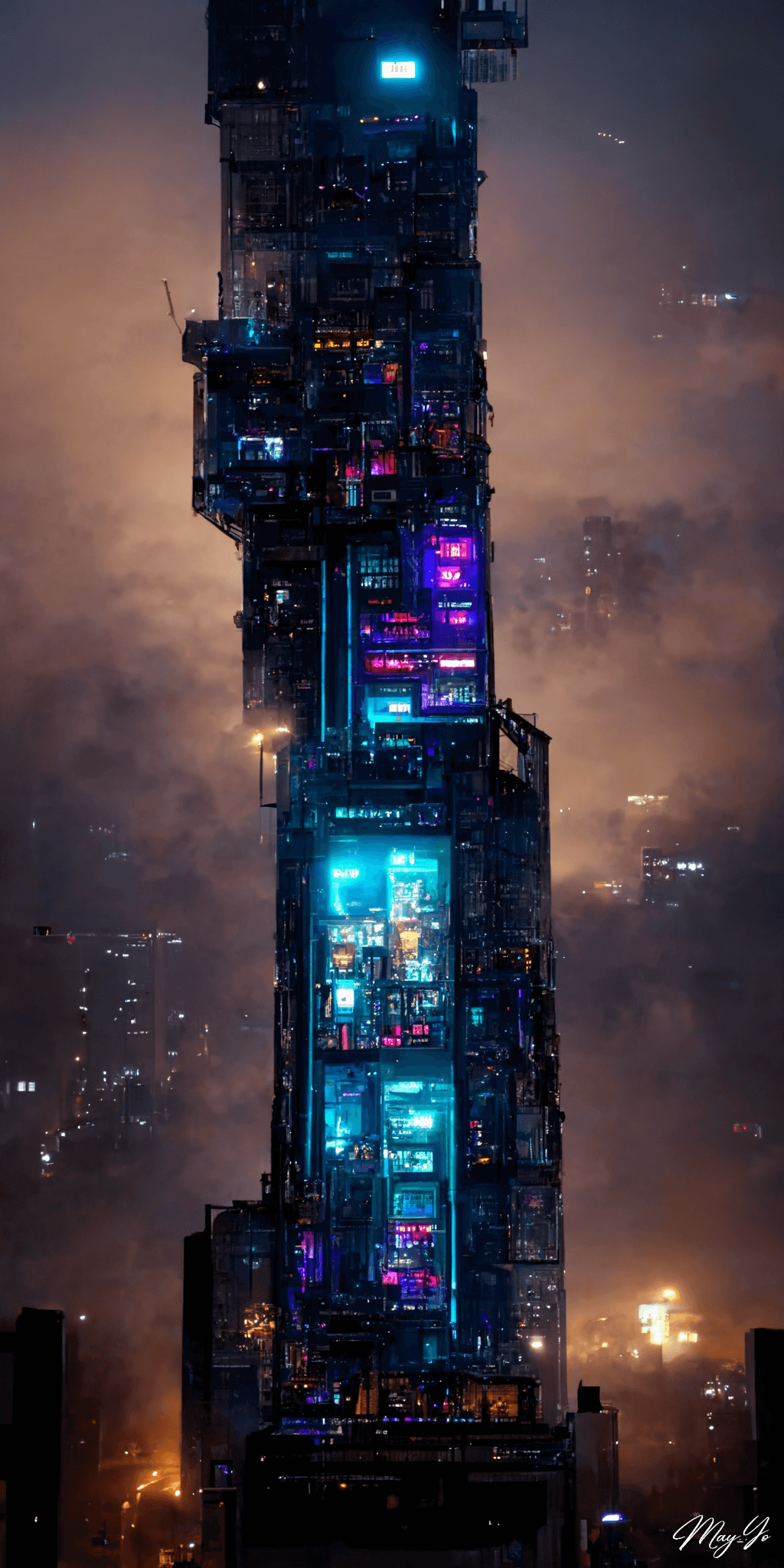 サイバーパンクな夜景に妖しく輝く近未来な高層ビルの壁紙イラスト サイバーパンクシティのビルをイメージした待受 AIイラスト待受 縦長画像 cyberpunk skyscraper illustration neon building