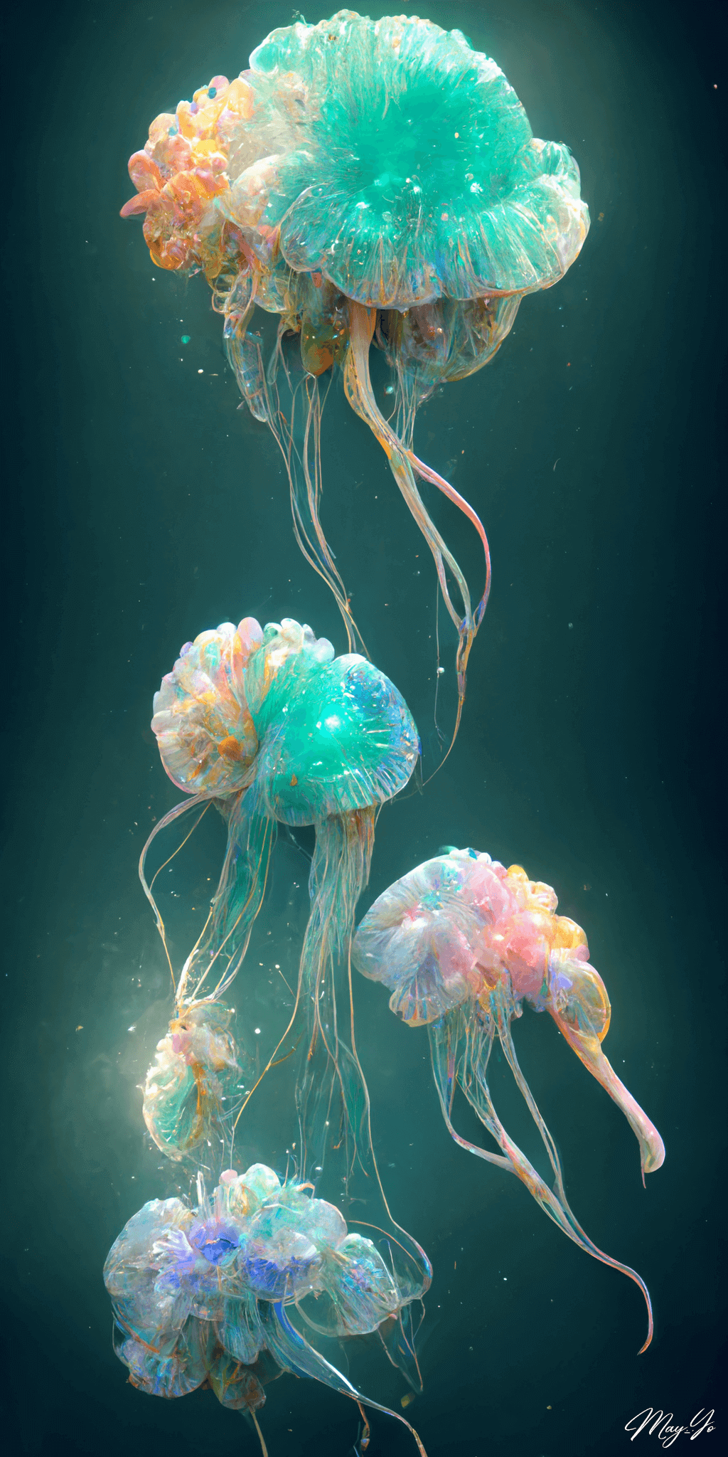 美しく幻想的なクラゲの壁紙イラスト カラフルな光るクラゲの待受 AIイラスト待受 縦長画像 jellyfish illustration fiction art