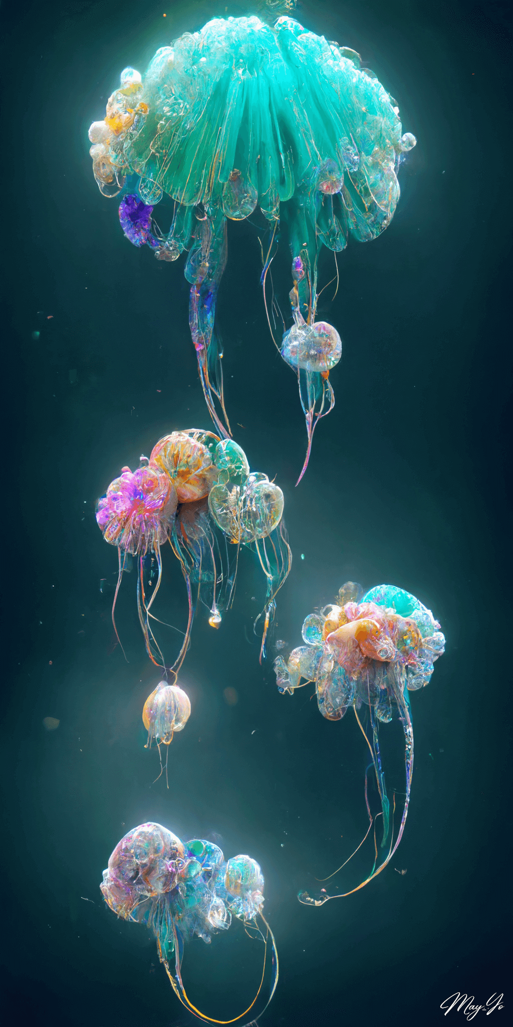 美しく幻想的なクラゲの壁紙イラスト カラフルな光るクラゲの待受 AIイラスト待受 縦長画像 jellyfish illustration fiction art