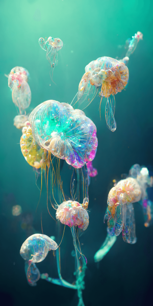 美しく幻想的なクラゲの壁紙イラスト カラフルな光るクラゲの待受 AIイラスト待受 縦長画像 jellyfish illustration fiction art