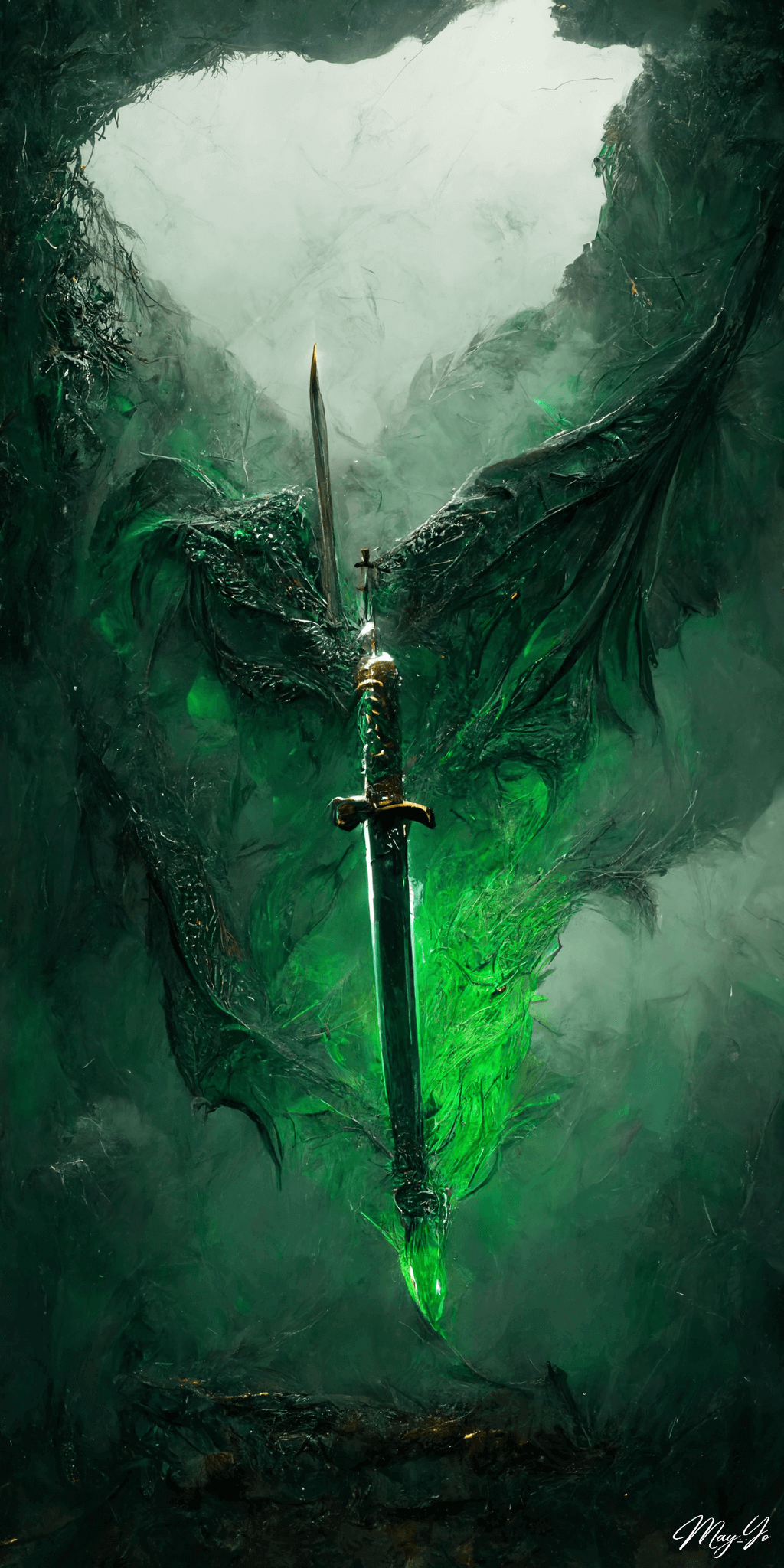 エメラルドの翼竜と伝説の剣の壁紙イラスト 輝く剣 幻想的な挿絵風の待受 AIイラスト待受 縦長画像 green emerald legend sword illustration emerald dragon fiction art