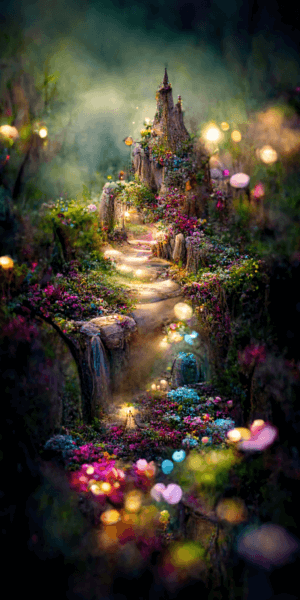 妖精の森の壁紙イラスト 幻想的な妖精の村の絵画風イラスト待受 AIイラスト待受 縦長画像 fairy forest fiction art fantasy village