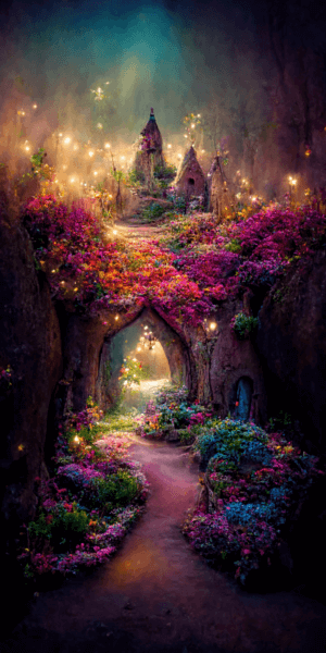 妖精の森の壁紙イラスト 幻想的な妖精の村の絵画風イラスト待受 AIイラスト待受 縦長画像 fairy forest fiction art fantasy village