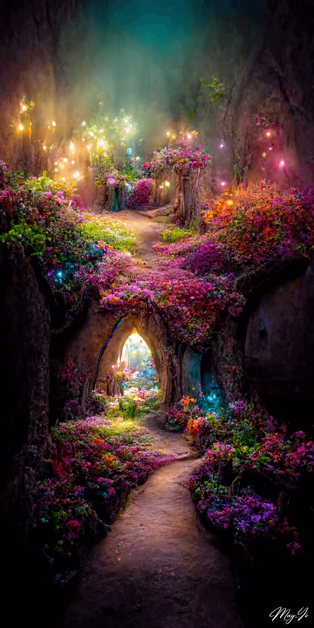 妖精の森の壁紙イラスト 幻想的な妖精の村の絵画風イラスト待受 AIイラスト待受 縦長画像 fairy forest fiction art fantasy village