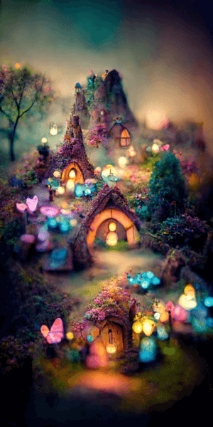 妖精の森の壁紙イラスト 幻想的な妖精の村の絵画風イラスト待受 AIイラスト待受 縦長画像 fairy forest fiction art fantasy village