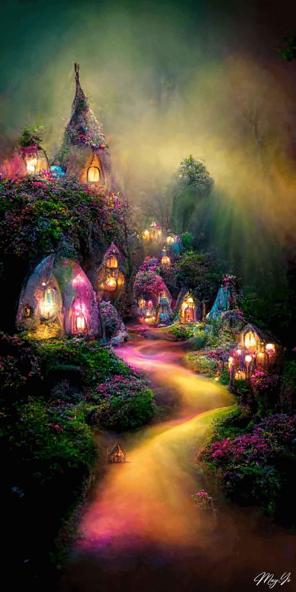 妖精の森の壁紙イラスト 幻想的な妖精の村の絵画風イラスト待受 AIイラスト待受 縦長画像 fairy forest fiction art fantasy village