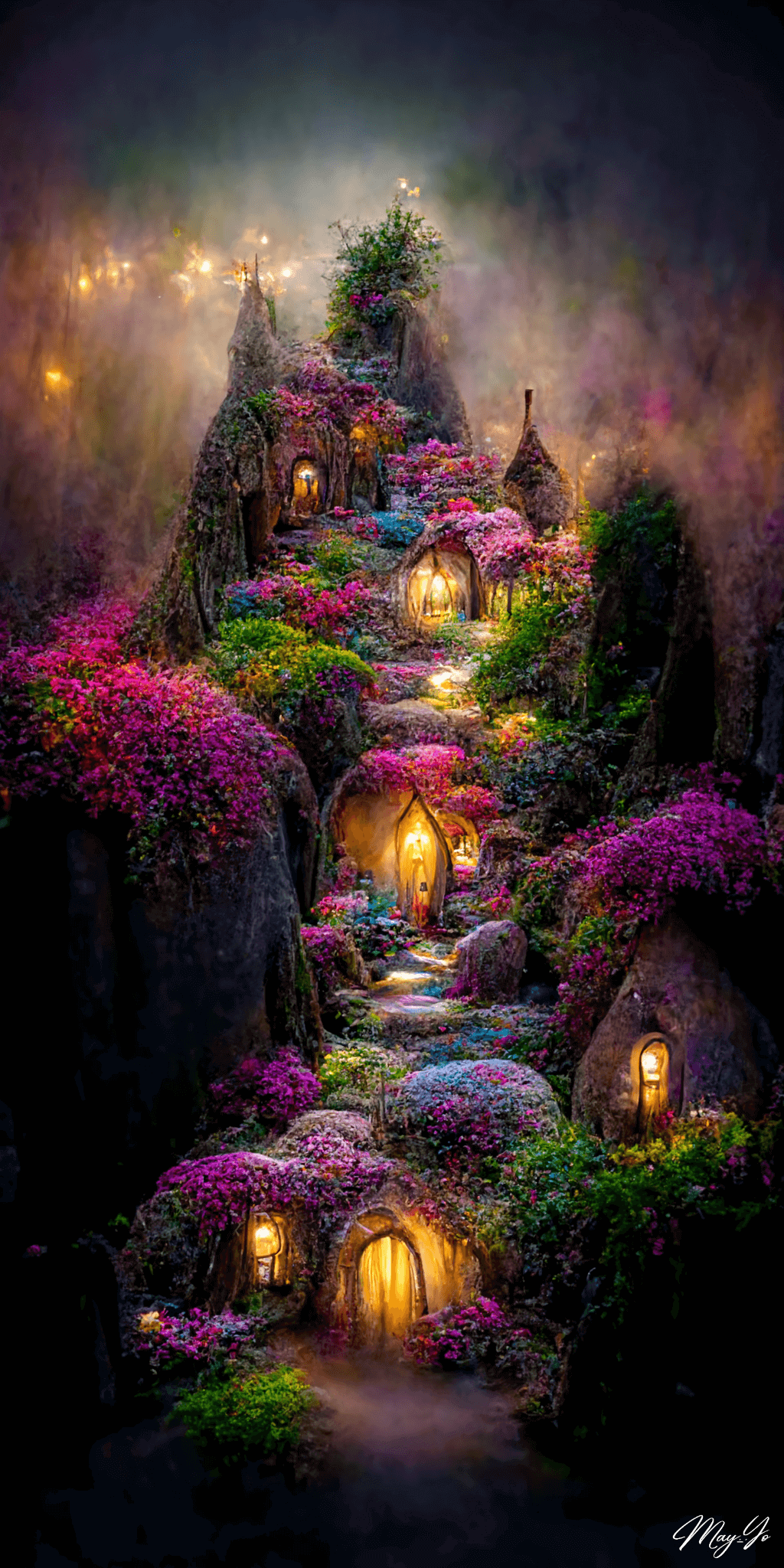 妖精の森の壁紙イラスト 幻想的な妖精の村の絵画風イラスト待受 AIイラスト待受 縦長画像 fairy forest fiction art fantasy village