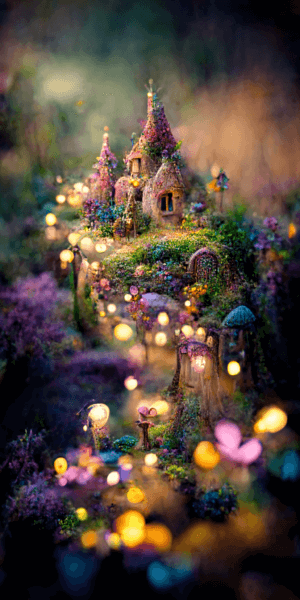 妖精の森の壁紙イラスト 幻想的な妖精の村の絵画風イラスト待受 AIイラスト待受 縦長画像 fairy forest fiction art fantasy village