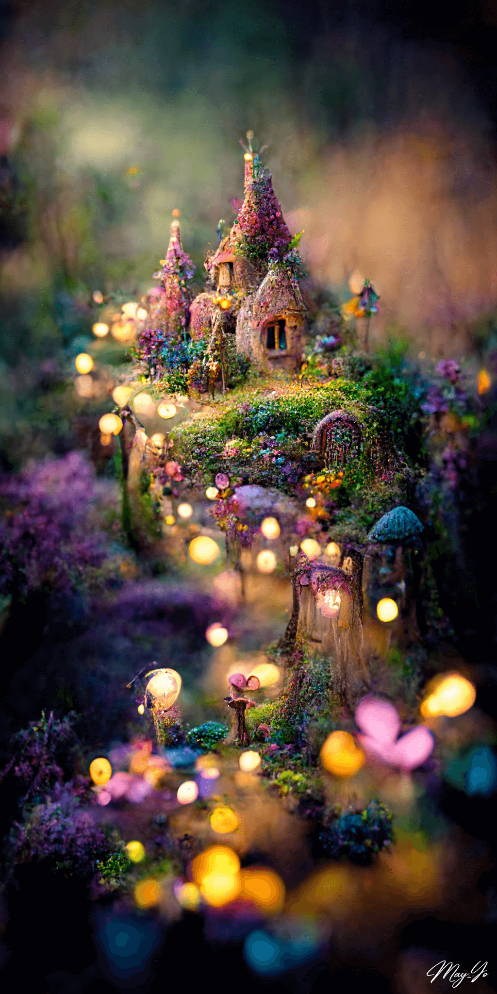 妖精の森の壁紙イラスト 幻想的な妖精の村の絵画風イラスト待受 AIイラスト待受 縦長画像 fairy forest fiction art fantasy village