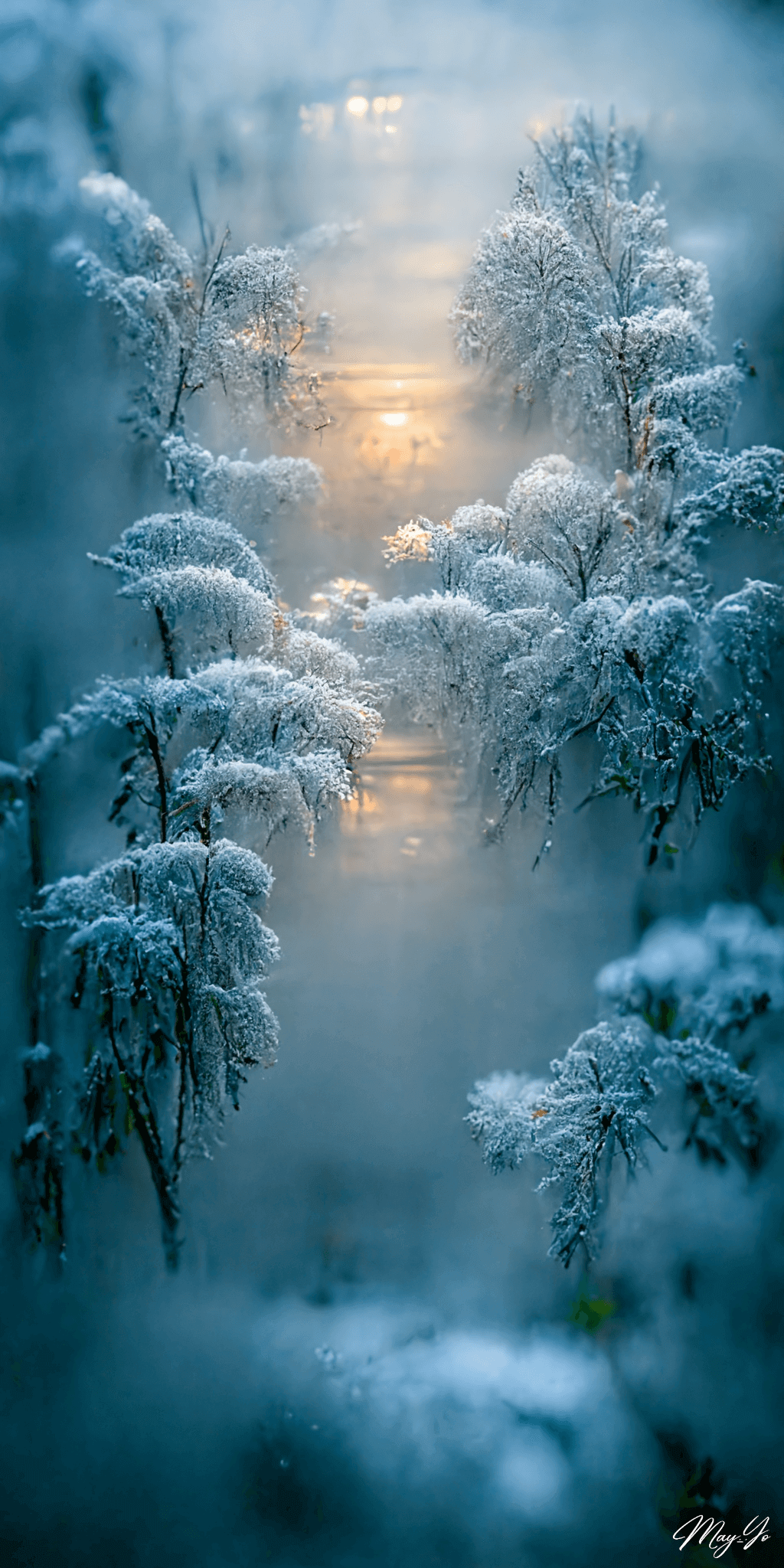曇りガラスの向こうの冬の森の壁紙イラスト 雪化粧の森の朝のイラスト待受 AIイラスト待受 縦長画像 snowy forest fiction art frostedglass