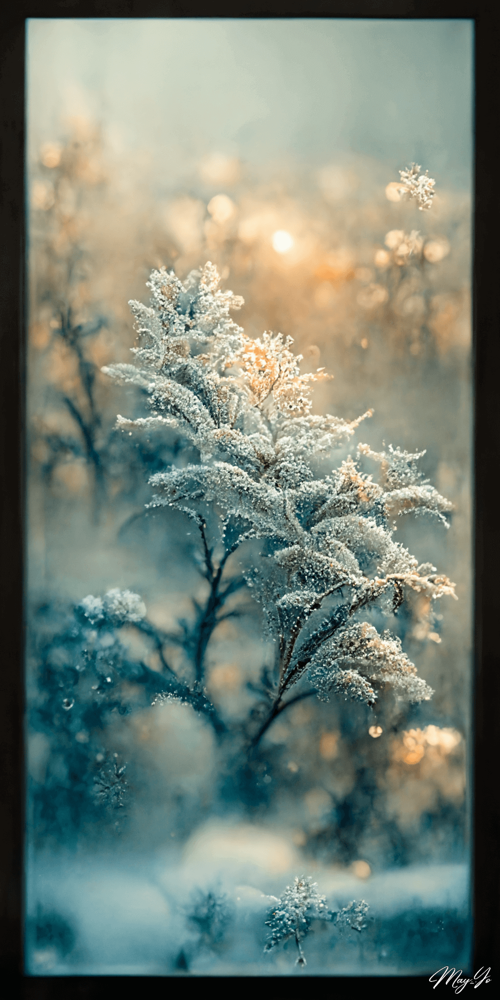 曇りガラスの向こうの冬の森の壁紙イラスト 雪化粧の森の朝のイラスト待受 AIイラスト待受 縦長画像 snowy forest fiction art frostedglass