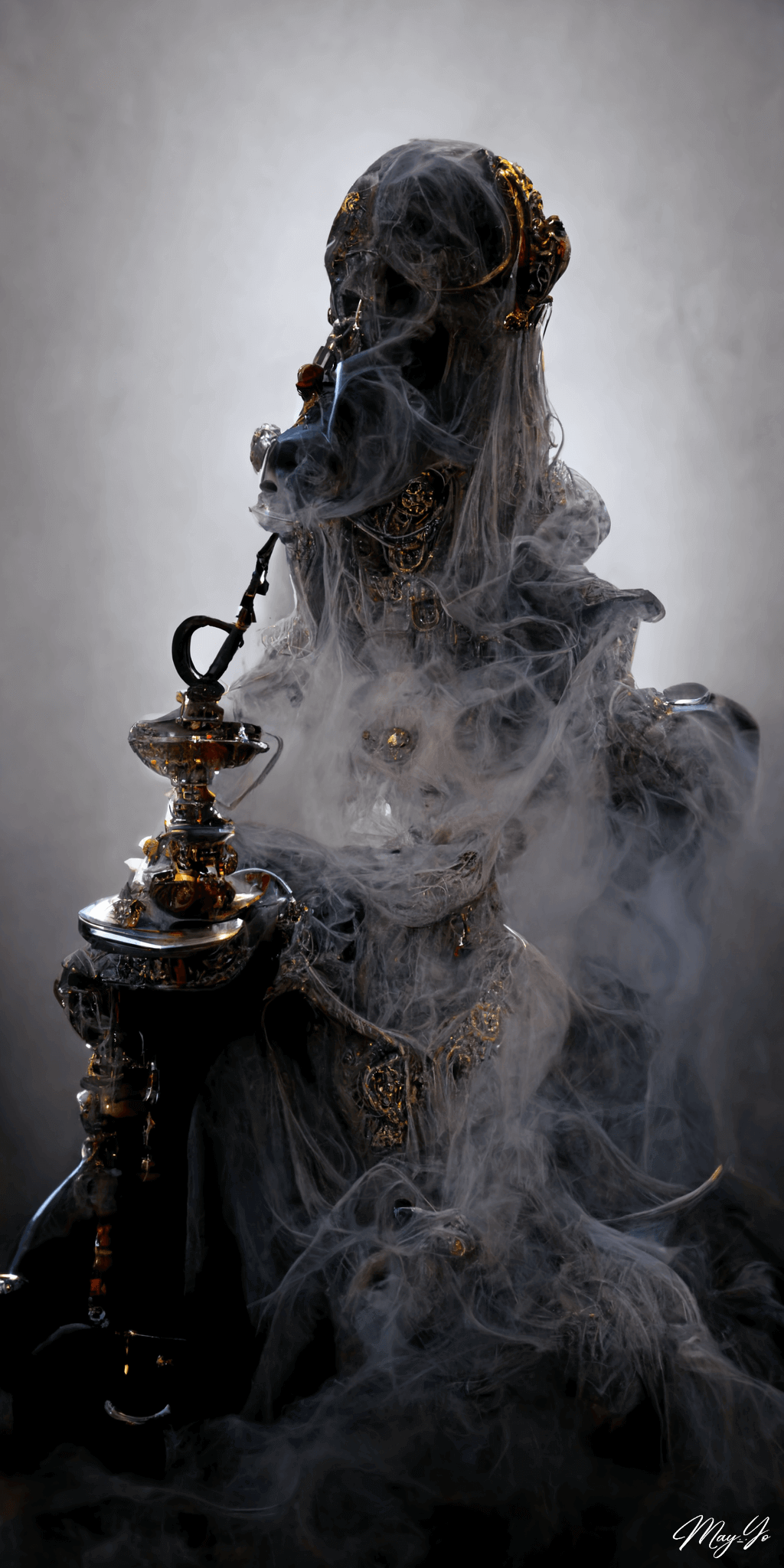 シーシャを吸うゴーストの壁紙イラスト 退廃的な貴婦人の死神の待受 AIイラスト待受 縦長画像 shisha ghost illustration fiction art