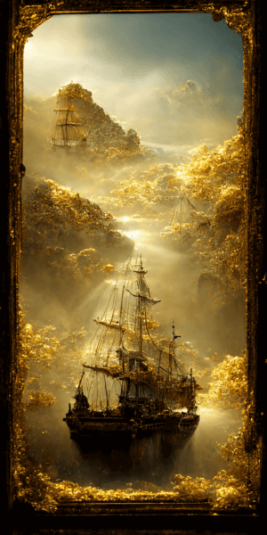 日の光に輝く黄金の船のタロットカード風壁紙イラスト 金色に輝く宝船のイラスト待受 AIイラスト待受 縦長画像 golden treasure ship fiction art sunrise