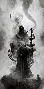 シーシャを持ったゴーストの壁紙イラスト 煙をまとう死神のイラスト待受 AIイラスト待受 縦長画像 shisha ghost illustration grimreaper fiction art