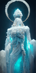 氷の女神の彫像の壁紙イラスト 神々しい氷像のイラスト待受 AIイラスト待受 縦長画像 ice sculpture illustration frozen goddess statue fiction art