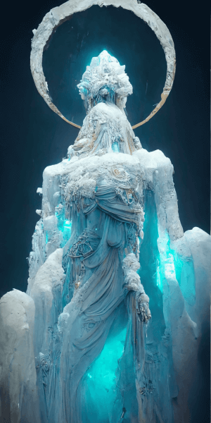 氷の女神の彫像の壁紙イラスト 神々しい氷像のイラスト待受 AIイラスト待受 縦長画像 ice sculpture illustration frozen goddess statue fiction art