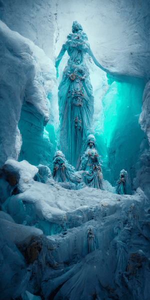 氷の女神の彫像の壁紙イラスト 神々しい氷像のイラスト待受 AIイラスト待受 縦長画像 ice sculpture illustration frozen goddess statue fiction art