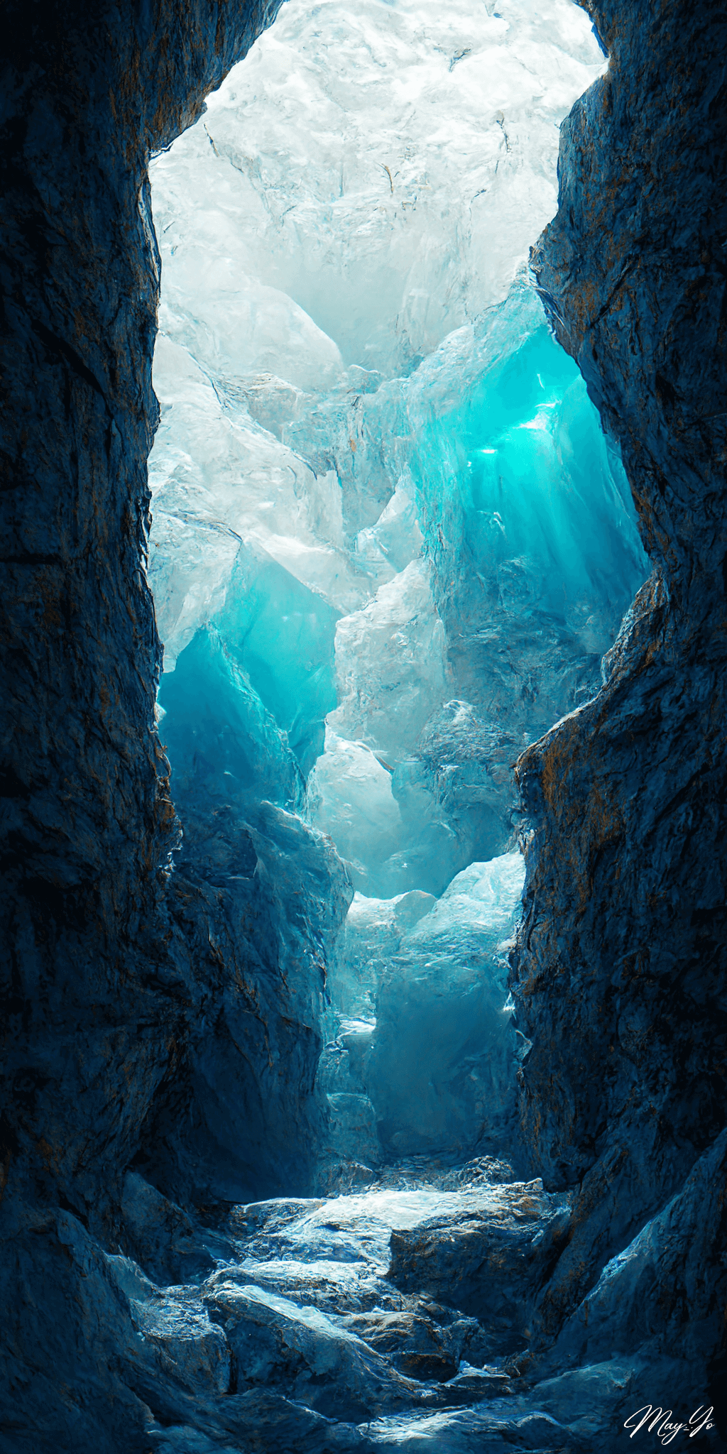 幻想的な氷の洞窟のイラスト 氷穴のダンジョンの壁紙 AIイラスト待受 縦長画像 icecave illustration