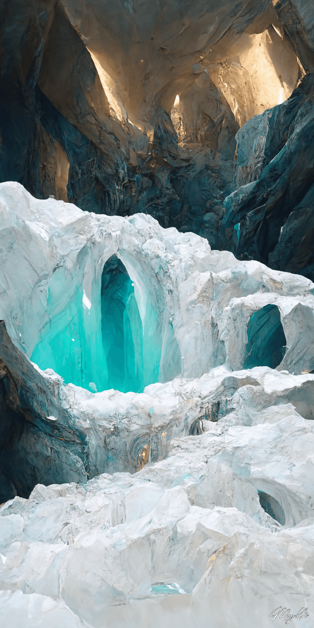幻想的な氷の洞窟のイラスト 氷穴のダンジョンの壁紙 AIイラスト待受 縦長画像 icecave illustration