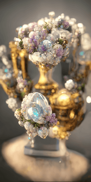 宝石でできた光輝くフラワーアレンジメントの壁紙イラスト 白と紫と水色 ゴールドの花器 ジュエリーでできたお花の待受 AIイラスト待受 縦長画像 jewelry bouquet illustration luxery flower arrangement