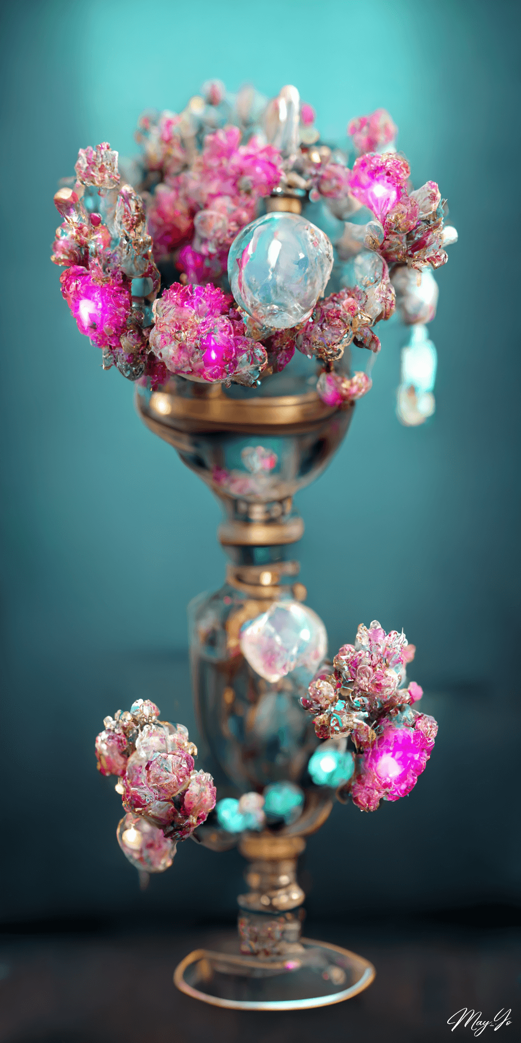 宝石でできた光輝くフラワーアレンジメントの壁紙イラスト ピンクと水色 ジュエリーでできたお花の待受 AIイラスト待受 縦長画像 jewelry bouquet illustration luxery flower arrangement