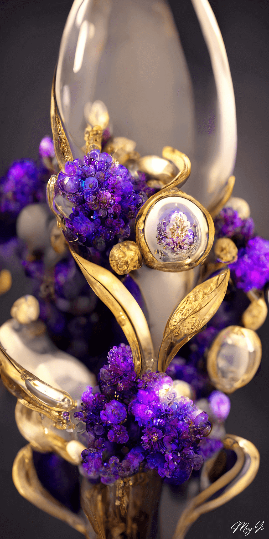 宝石でできた光輝く紫色のフラワーアレンジメントの壁紙イラスト ゴールド ジュエリーでできたお花の待受 AIイラスト待受 縦長画像 jewelry bouquet illustration luxery flower arrangement