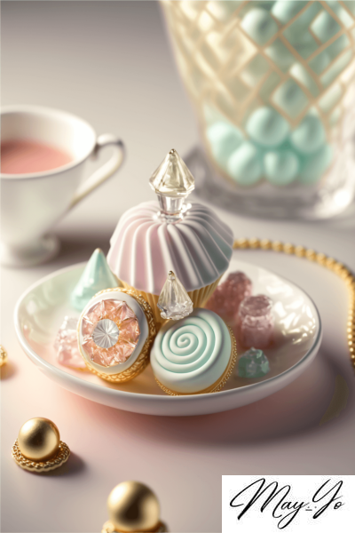くすみパステルカラーのお茶菓子風ジュエリーの壁紙イラスト お茶会みたいなアクセサリーのイラスト待受 AIイラスト待受 縦長画像 afternoon teaparty jewelry fiction art dusty pastel color
