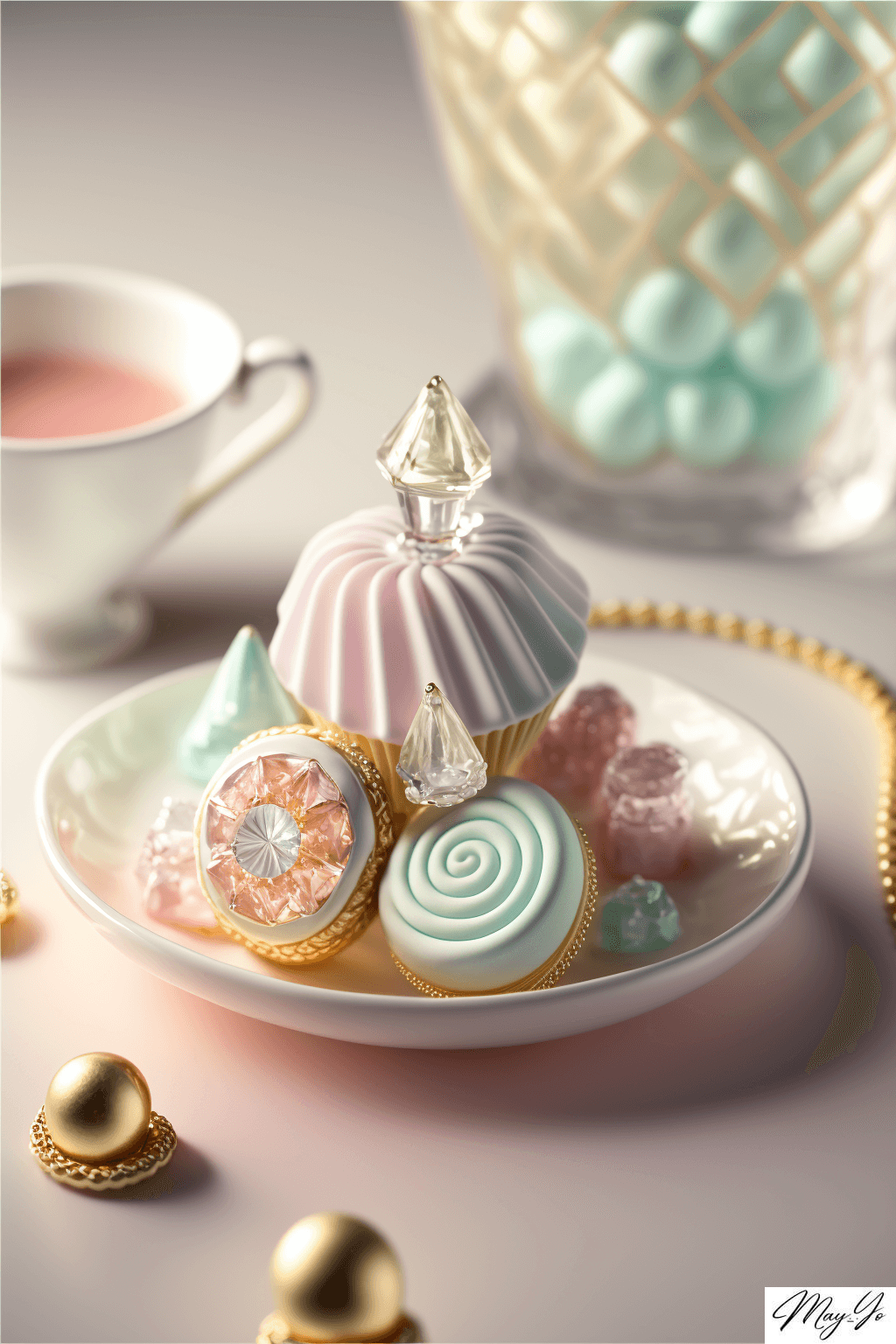 くすみパステルカラーのお茶菓子風ジュエリーの壁紙イラスト お茶会みたいなアクセサリーのイラスト待受 AIイラスト待受 縦長画像 afternoon teaparty jewelry fiction art dusty pastel color