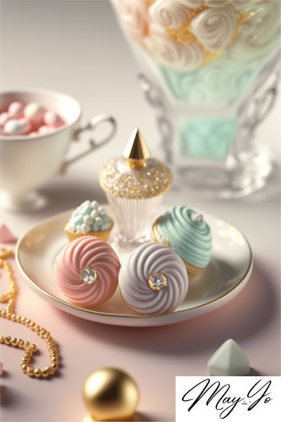 くすみパステルカラーのお茶菓子風ジュエリーの壁紙イラスト お茶会みたいなアクセサリーのイラスト待受 AIイラスト待受 縦長画像 afternoon teaparty jewelry fiction art dusty pastel color