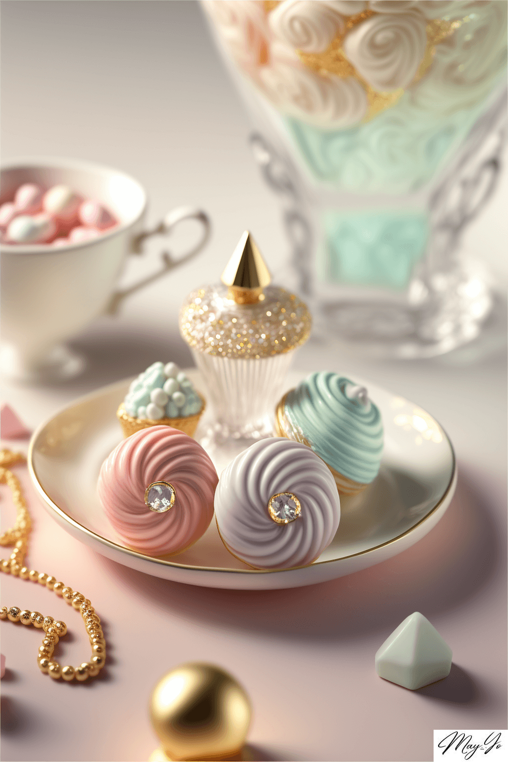 くすみパステルカラーのお茶菓子風ジュエリーの壁紙イラスト お茶会みたいなアクセサリーのイラスト待受 AIイラスト待受 縦長画像 afternoon teaparty jewelry fiction art dusty pastel color